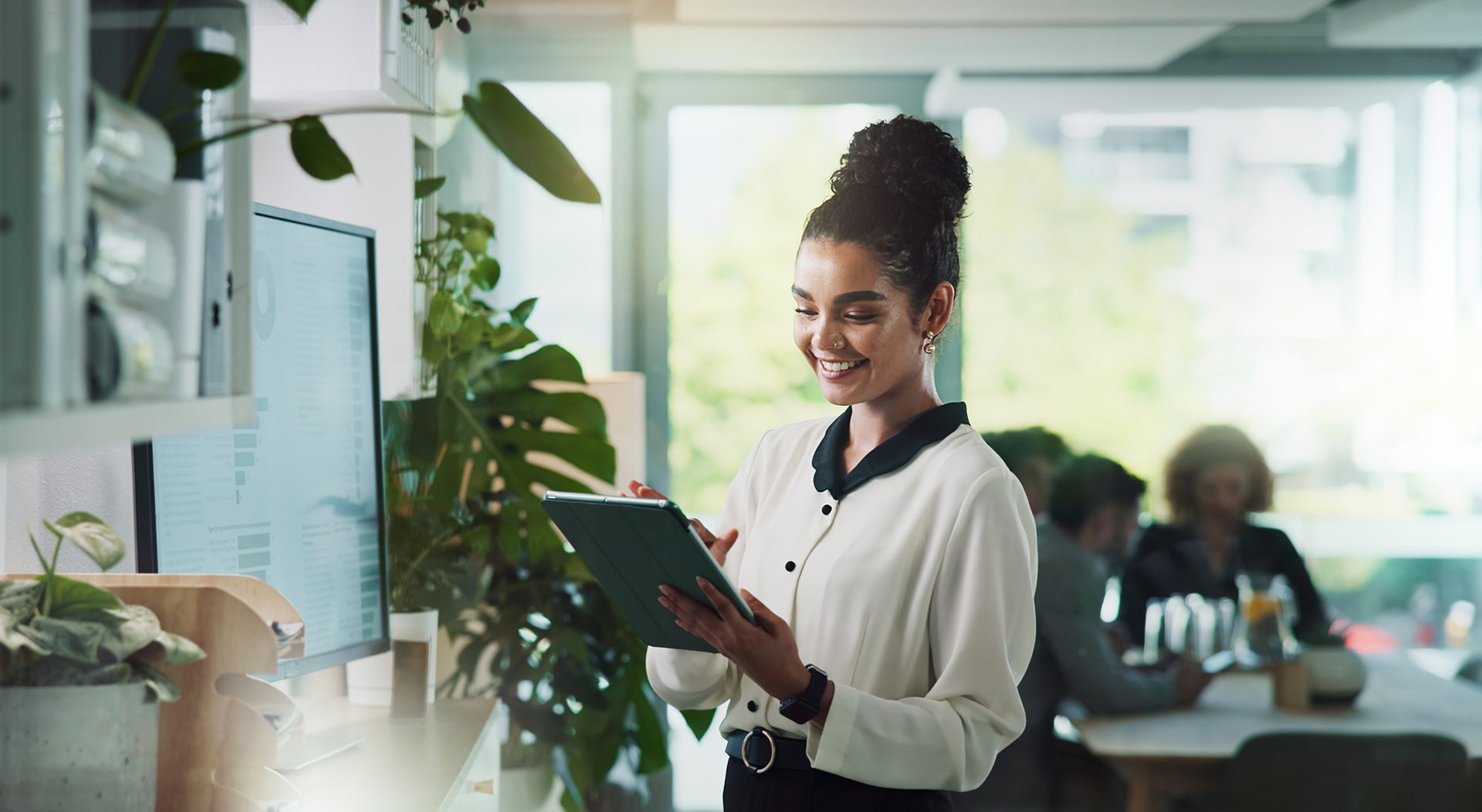 Office, smile and woman with tablet, project and budget for ad campaign, planning and media strategist. Online, typing and market research for business, review or person with info for audience target